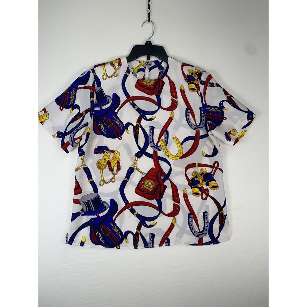 Anna Kriste Blouse Womens Medium Multicolor Equestrian Short Sleeve Crewneck Top